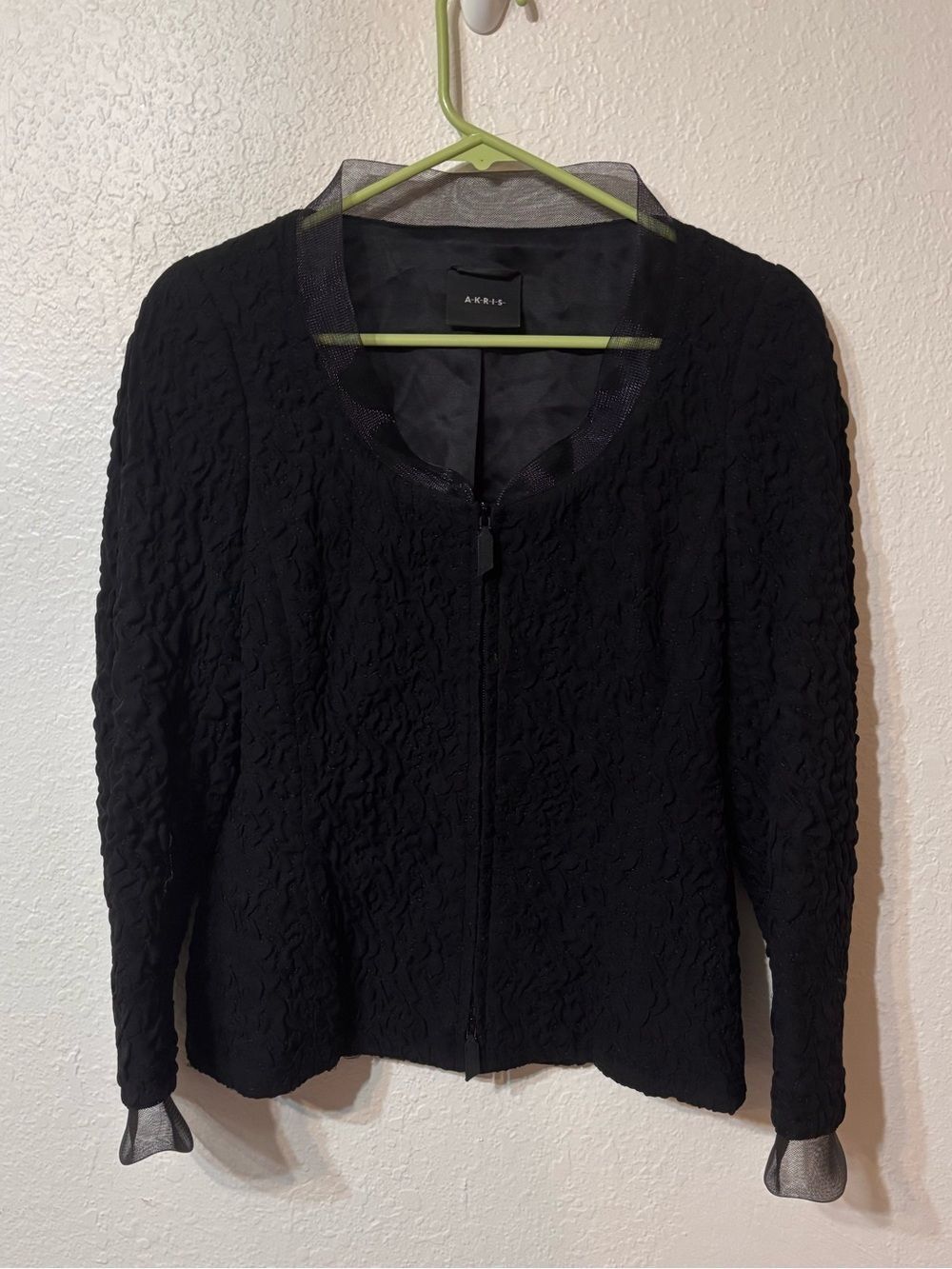 Akris Rippled Silk Textured Mesh Trim Black Evening Jacket Size 10